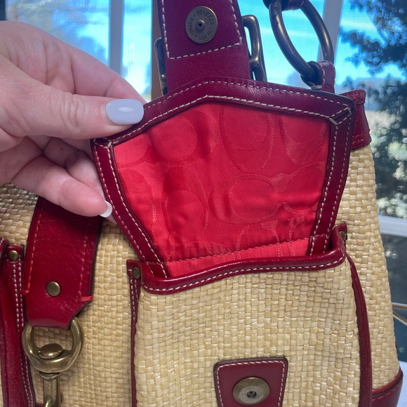 Coach Y2K Legacy Buckle Straw Shoulder Bag with Red Patent Leather Trim - Picture 13 of 17